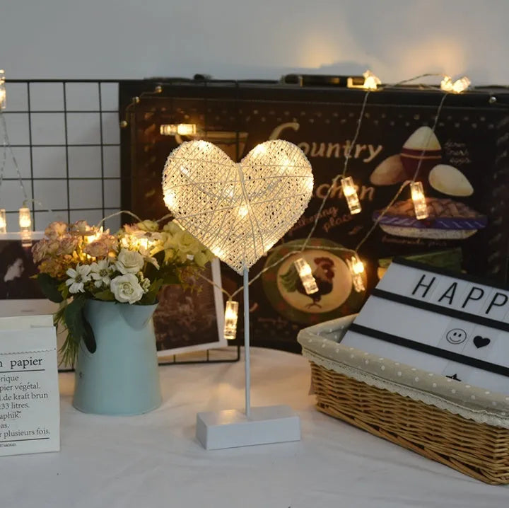 Rattan LED decorative light in star, heart or moon design with copper wire accents