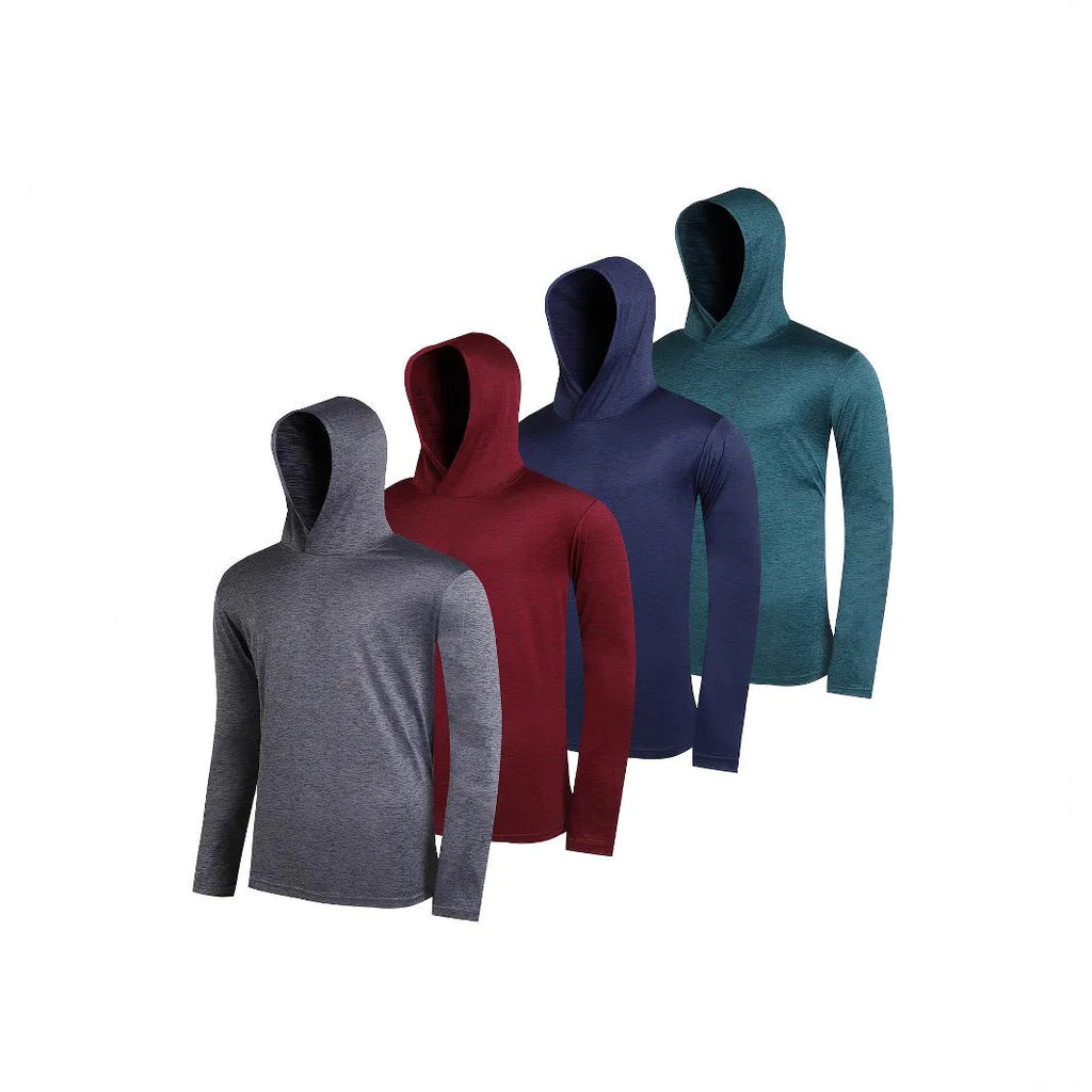 Men's 4-piece lightweight hoodie set in elastic polyester fabric with mix of hooded and regular tops