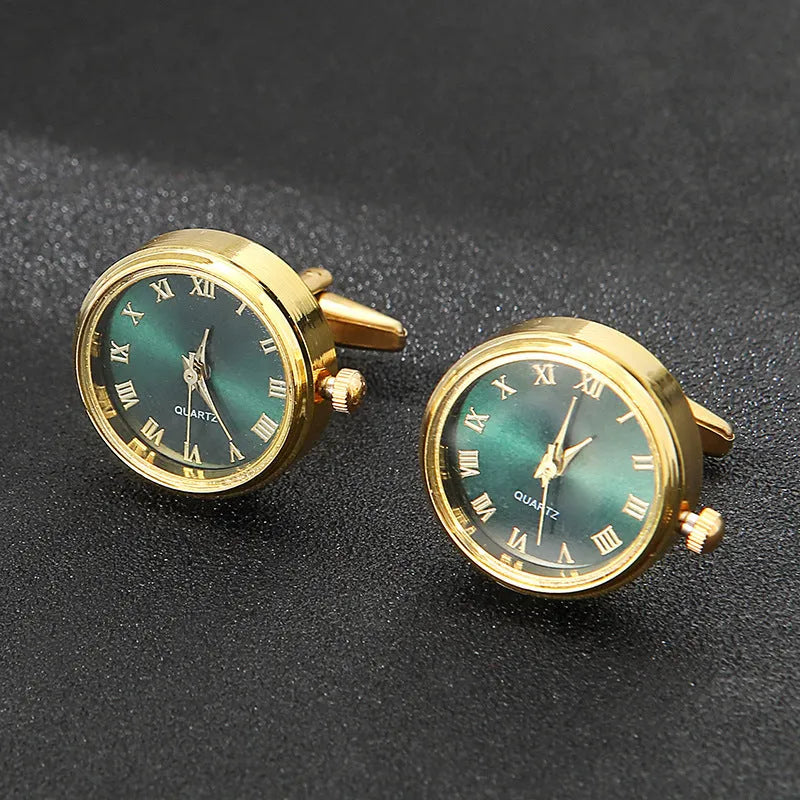 Men's light luxury clock cufflinks with rotatable golden face, 18K steel, 2.2cm diameter, on a white surface