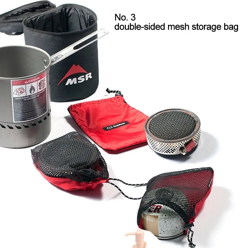 Set of five red outdoor travel storage bags made from Oxford cloth and mesh.
