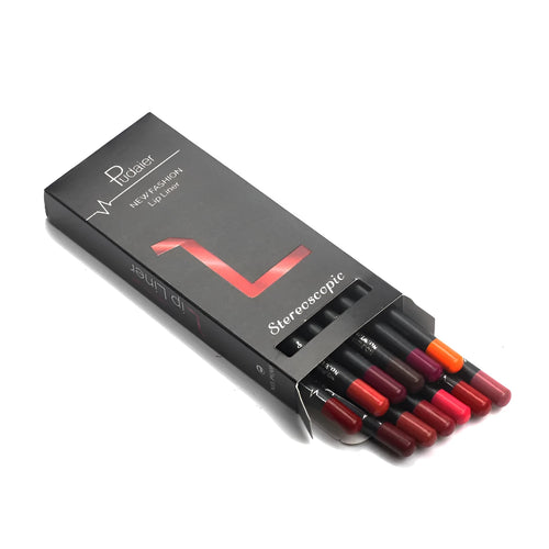 12 colours of waterproof lip liner pencils in a set, with multivitamins and squalane for lip shape definition.