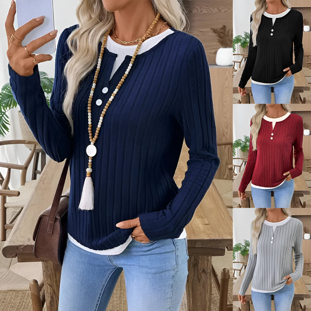 Women's black fake two-piece round neck button pullover sweater with grinding design