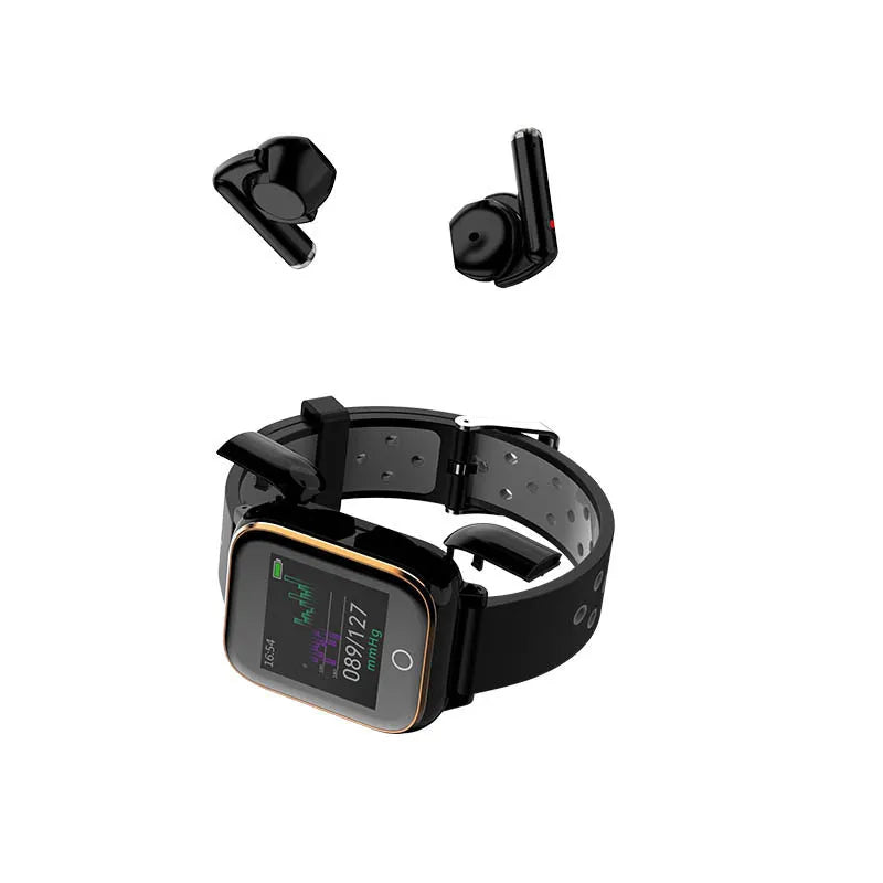Black smart watch with integrated Bluetooth earbuds showing heart rate monitoring display