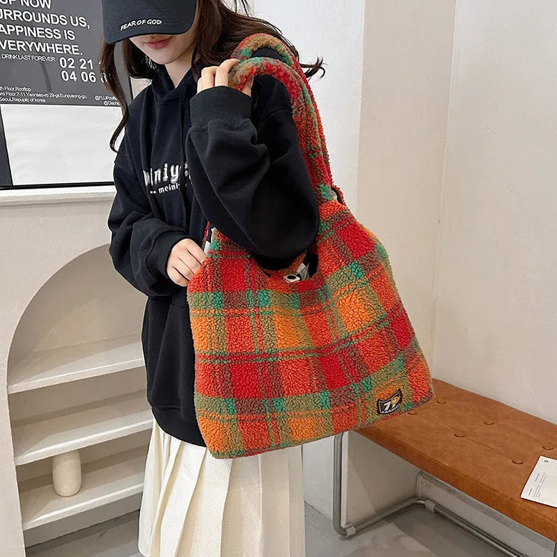 Women's plaid shoulder crossbody tote bag in Army Green colour showing soft plush material and underarm strap design