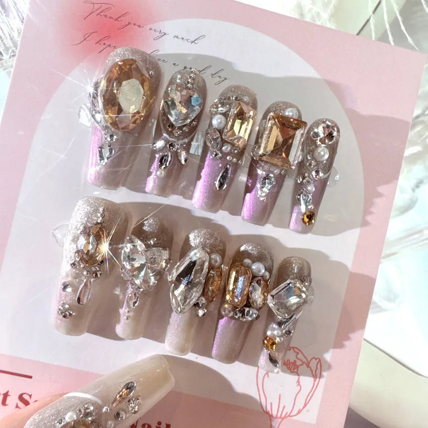Luxury rhinestone false nail patches with phototherapy sealing in S size flash design