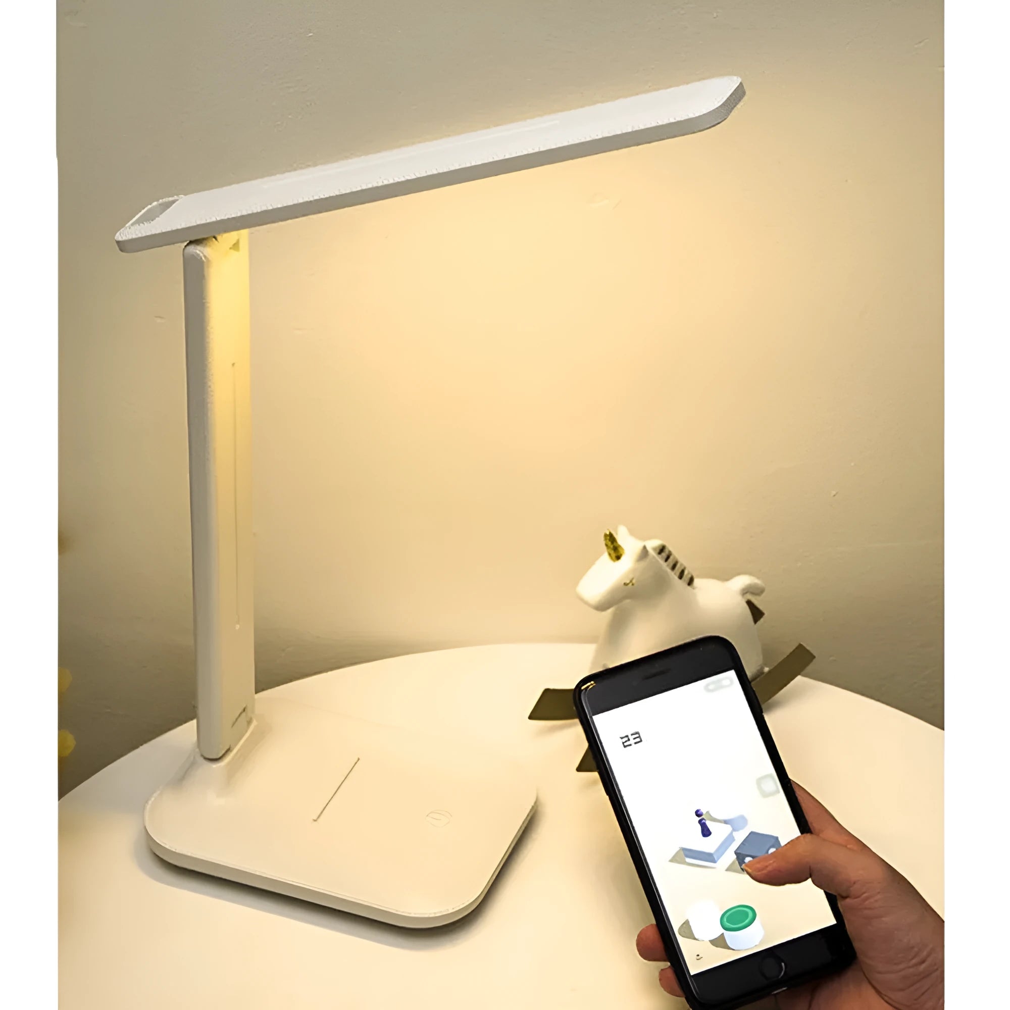 White plastic bedside lamp with touch controls and USB charging port