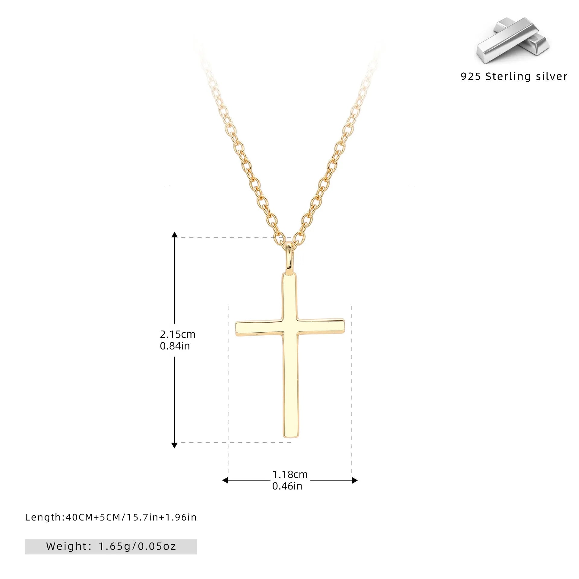 S925 sterling silver cross pendant necklace on an adjustable O-chain in gold plated finish