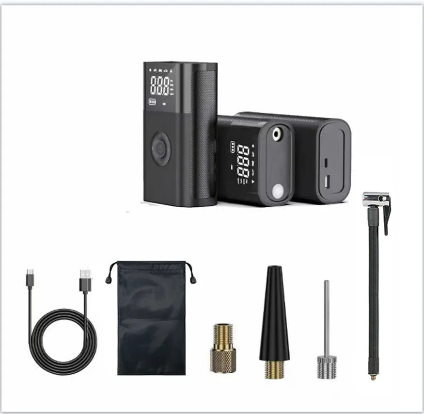 Handheld wireless digital display car tyre air pump with LED light and attachments on a grey background.