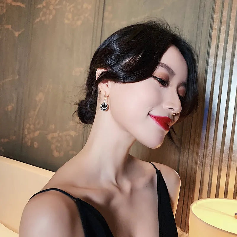 Black alloy geometric round earrings with retro Hong Kong style design measuring 3.6cm
