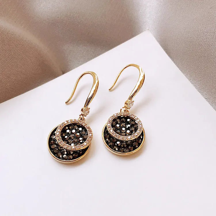Black alloy geometric round earrings with retro Hong Kong style design measuring 3.6cm