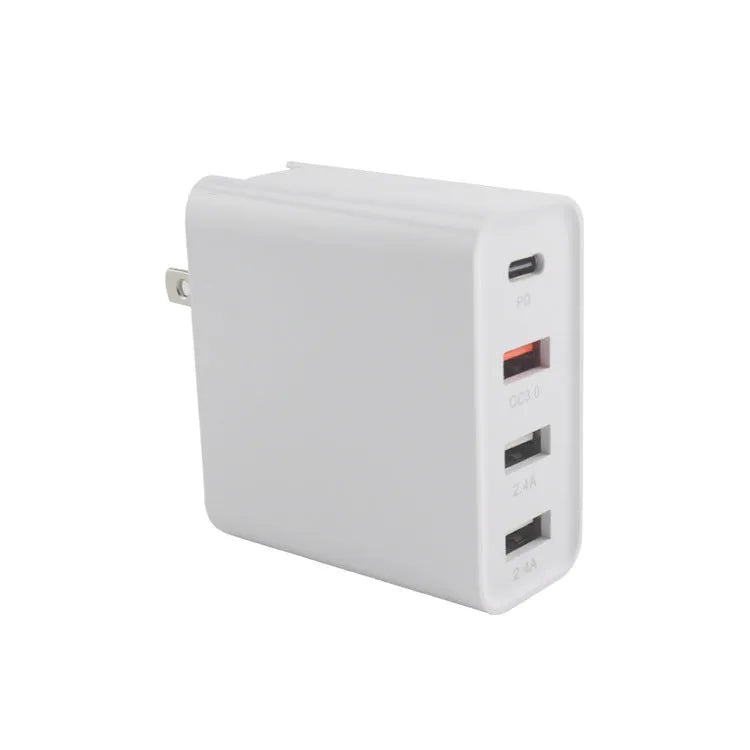 Black 48W USB-C wall charger with four ports and a UK plug on a white background.