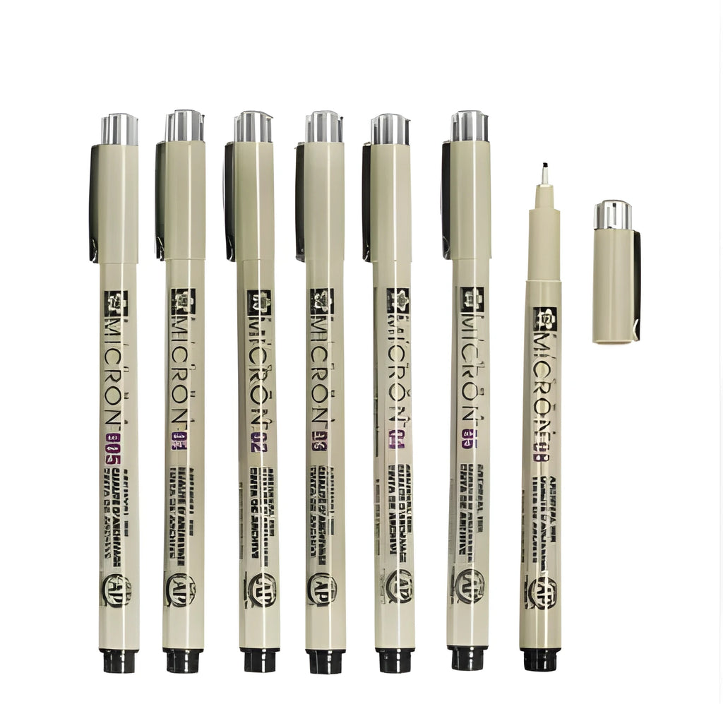 Pack of 7 Sakura Pigma Micron needle sketch pens with assorted nib sizes 0.2mm to 0.5mm