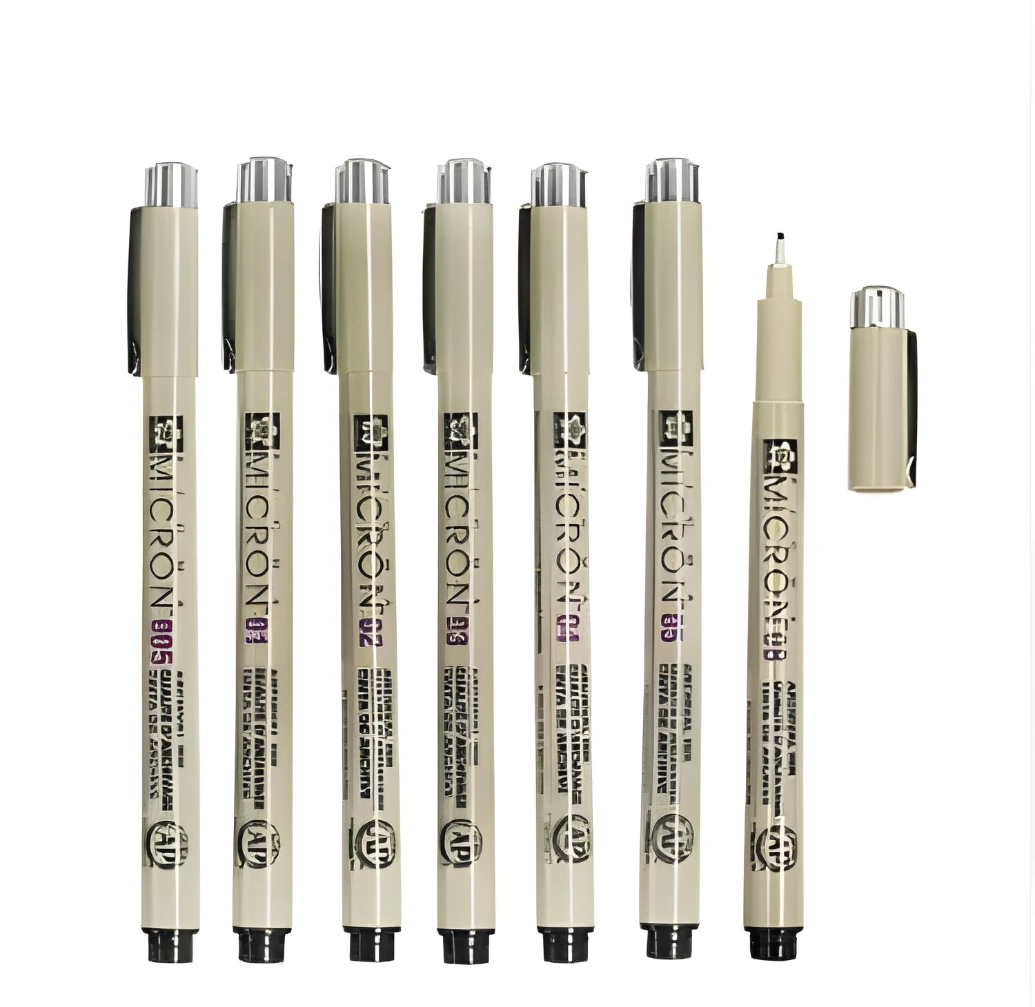 Pack of 7 Sakura Pigma Micron needle sketch pens with assorted nib sizes 0.2mm to 0.5mm
