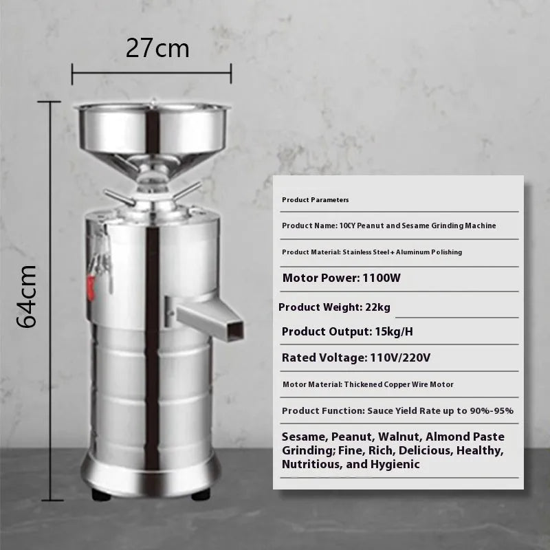 Electric small household automatic sesame paste grinding machine with stainless steel body and 100mm grinding wheel