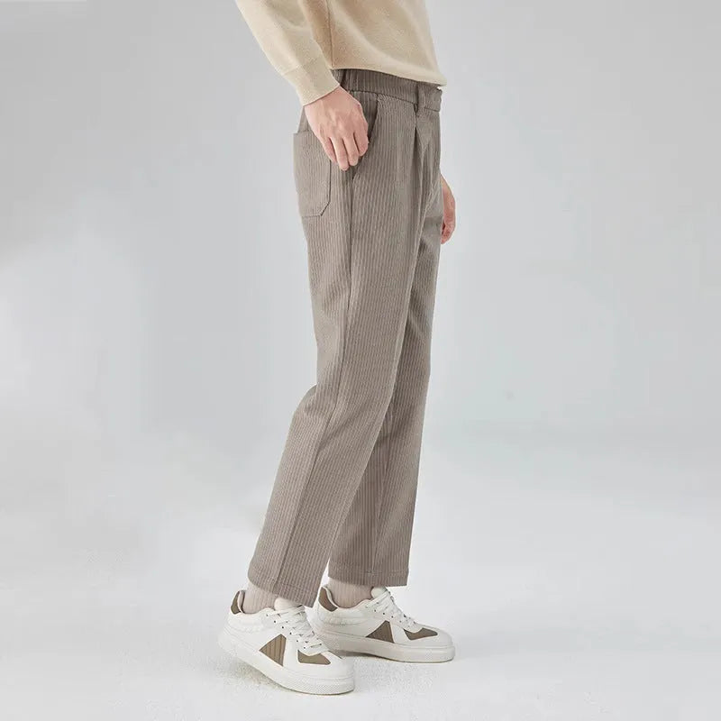 Corduroy men's straight-leg loose trousers in beige, black, and brown gray, mid waist with micro elastic waistband, sizes 28-34