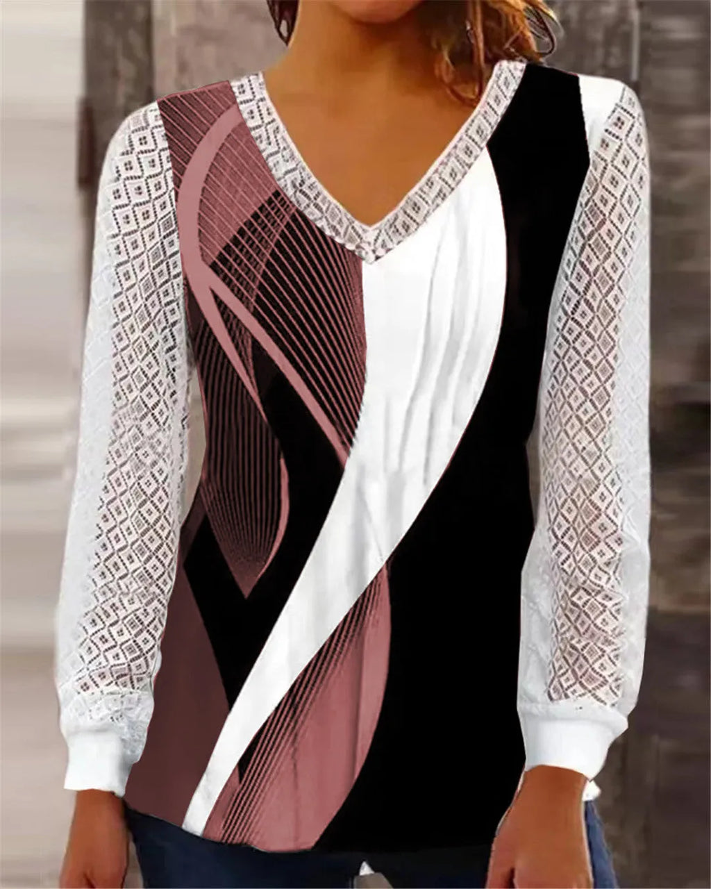 V-neck loose print hollow-out lace top for women, long sleeve pullover, purple colour, medium length 65cm