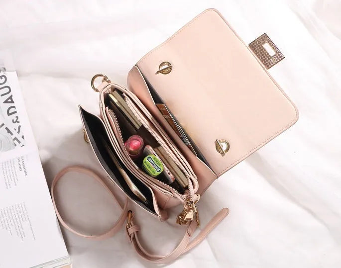 Women's small square sequined PU leather shoulder bag with lock closure, pink colour, 22x16x9cm