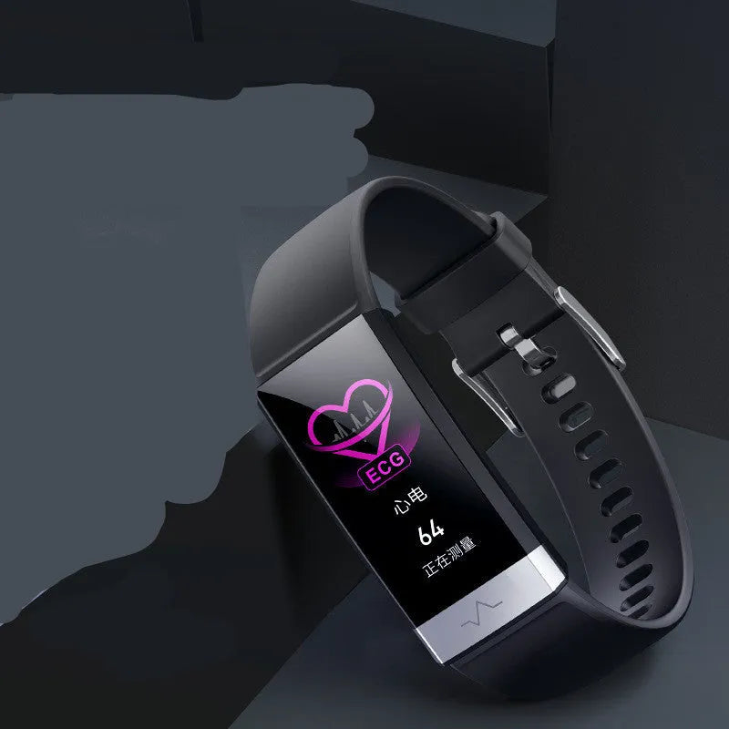 V19 smart fitness bracelet with colour screen shown in black, blue, and red colour options.