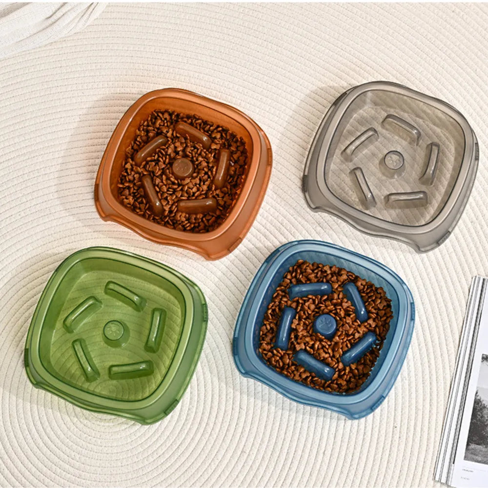 Dog slow feeder bowl with anti-choking maze pattern in BPA-free plastic available in four colours