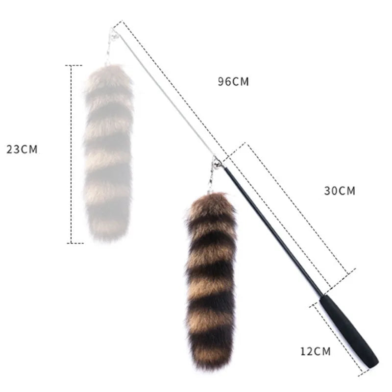 Black cat toy wand with feather teaser on elastic string, 42 cm long