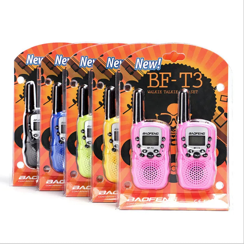 Children's walkie talkie set showing two handheld radios in different colours with channel display