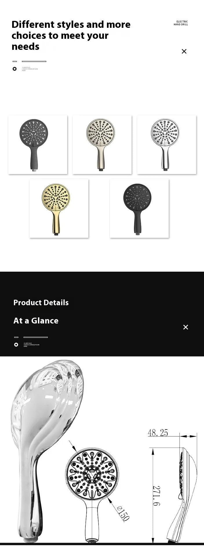 6-inch handheld shower head with six spray settings and electroplated finish