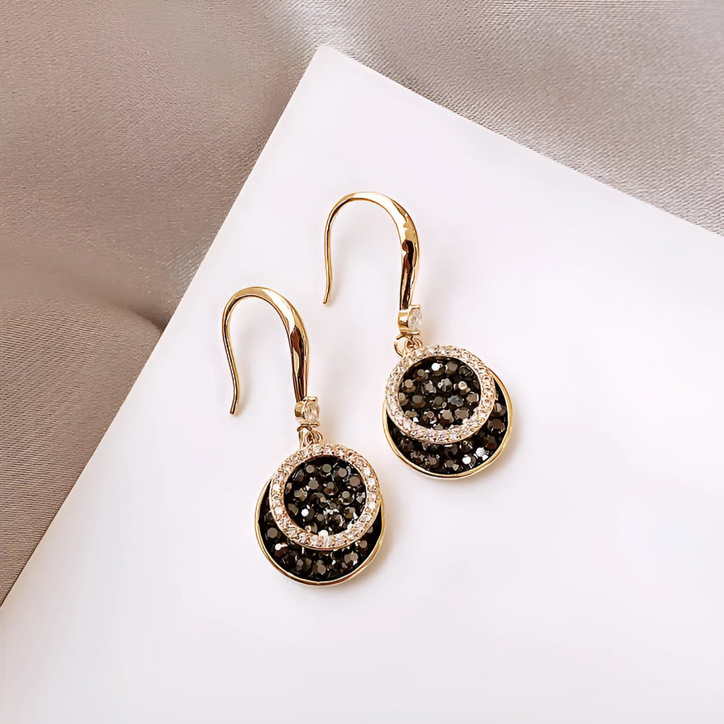 Black alloy geometric round earrings with retro Hong Kong style design measuring 3.6cm