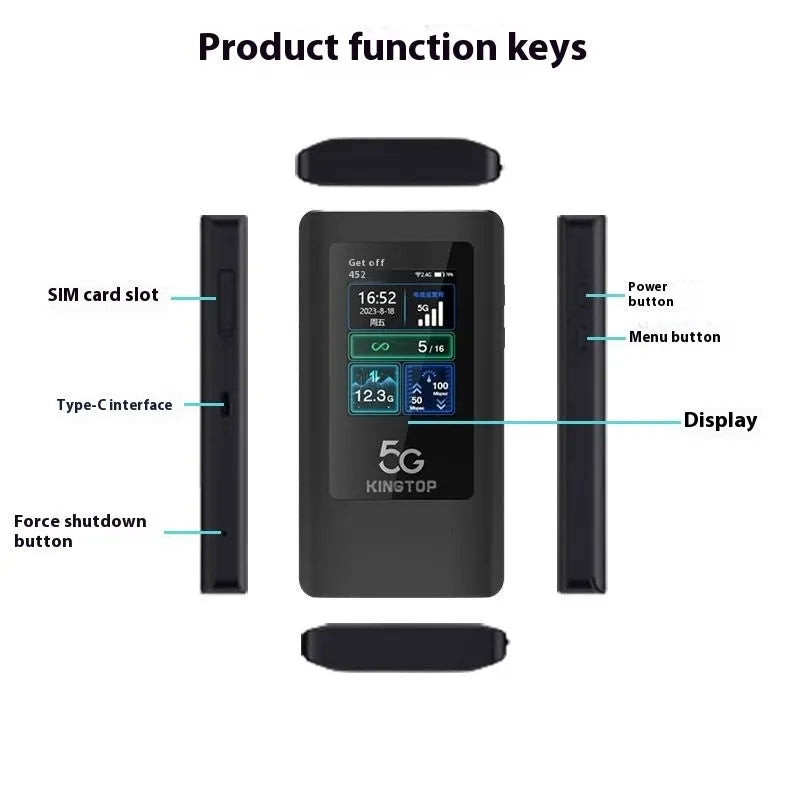 Black 5G portable Wi-Fi router with LCD screen and TYPE-C port on a white background