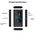 Black 5G portable Wi-Fi router with LCD screen and TYPE-C port on a white background