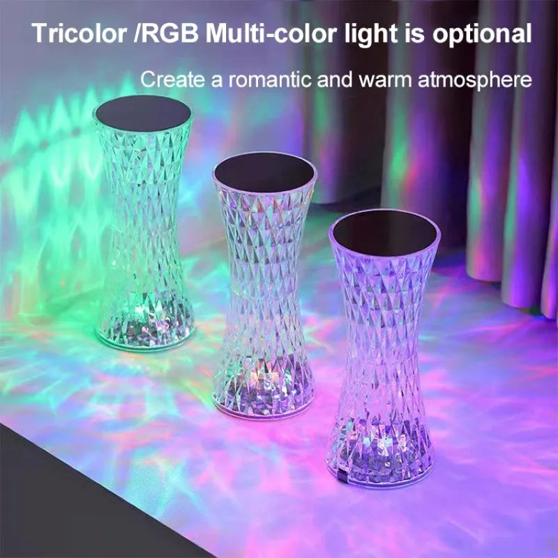Vase shape crystal table lamp with diamond-like light effect on bedside table, touch dimmable USB rechargeable LED