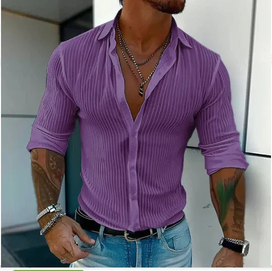 Men's striped cardigan long sleeve shirt in British style loose fit, available in multiple colours