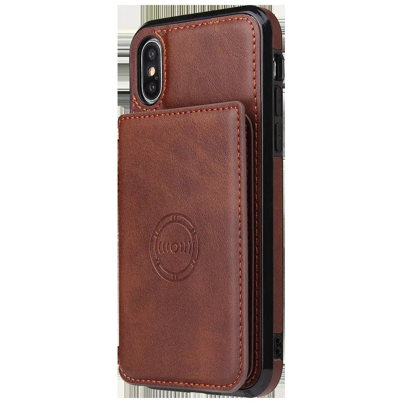 Imitation leather iPhone wallet case in multiple colours showing card slots on the back.