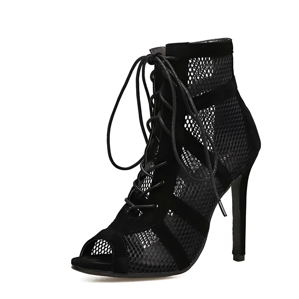 Black suede women's lace-up high heel shoes with 11.5 cm heels shown from side view