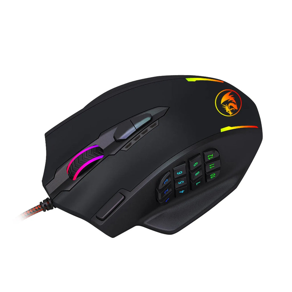Redragon M908 One-Hander Macro Defines gaming mouse in black with ergonomic contoured shape and anti-sweat leather material