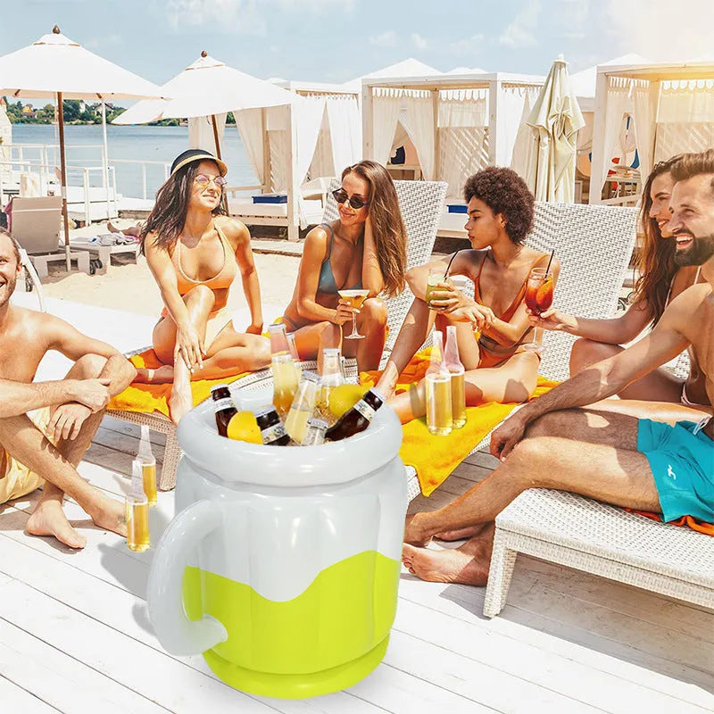 Yellow inflatable PVC ice bucket designed for holding beer steins and ice.