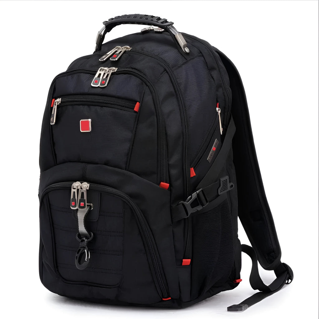 Black 38-litre business laptop backpack with three compartments and multiple pockets for organisation.