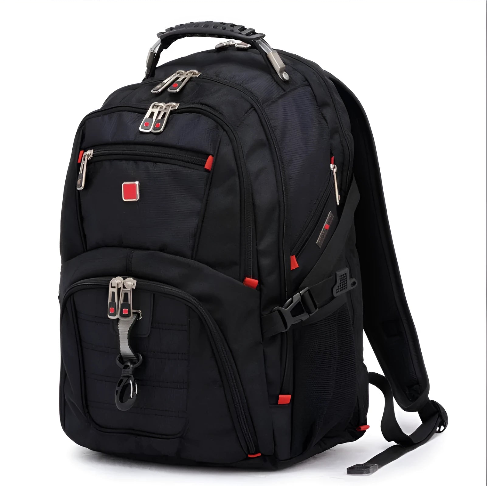 Black 38-litre business laptop backpack with three compartments and multiple pockets for organisation.