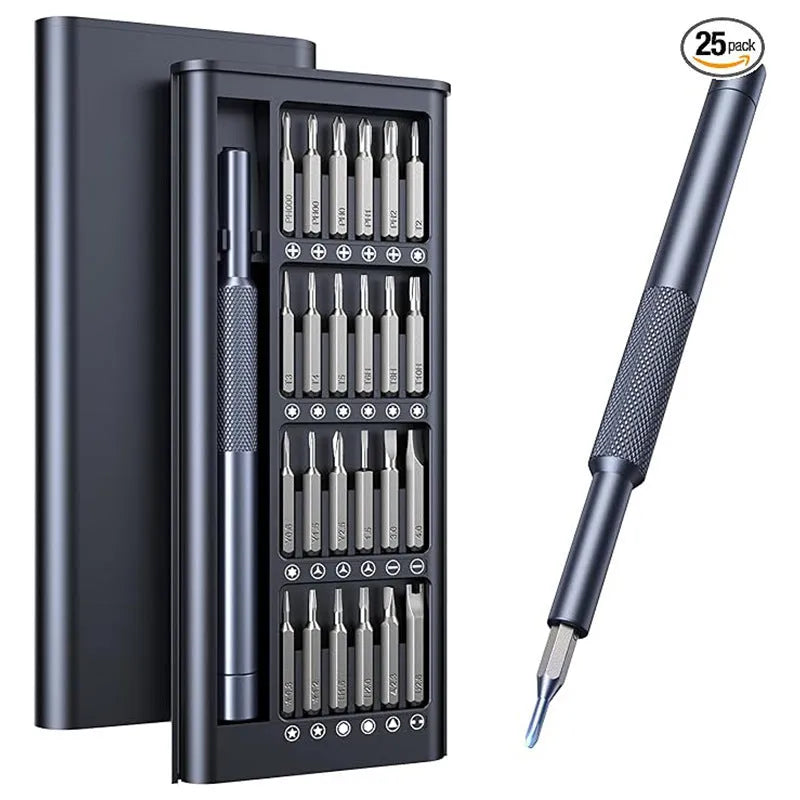 25-in-one magnetic precision screwdriver set with chrome vanadium steel bits and knurled ABS handle.