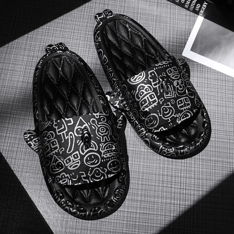 Pair of grey shark-shaped open-toe EVA home slippers on a white background.