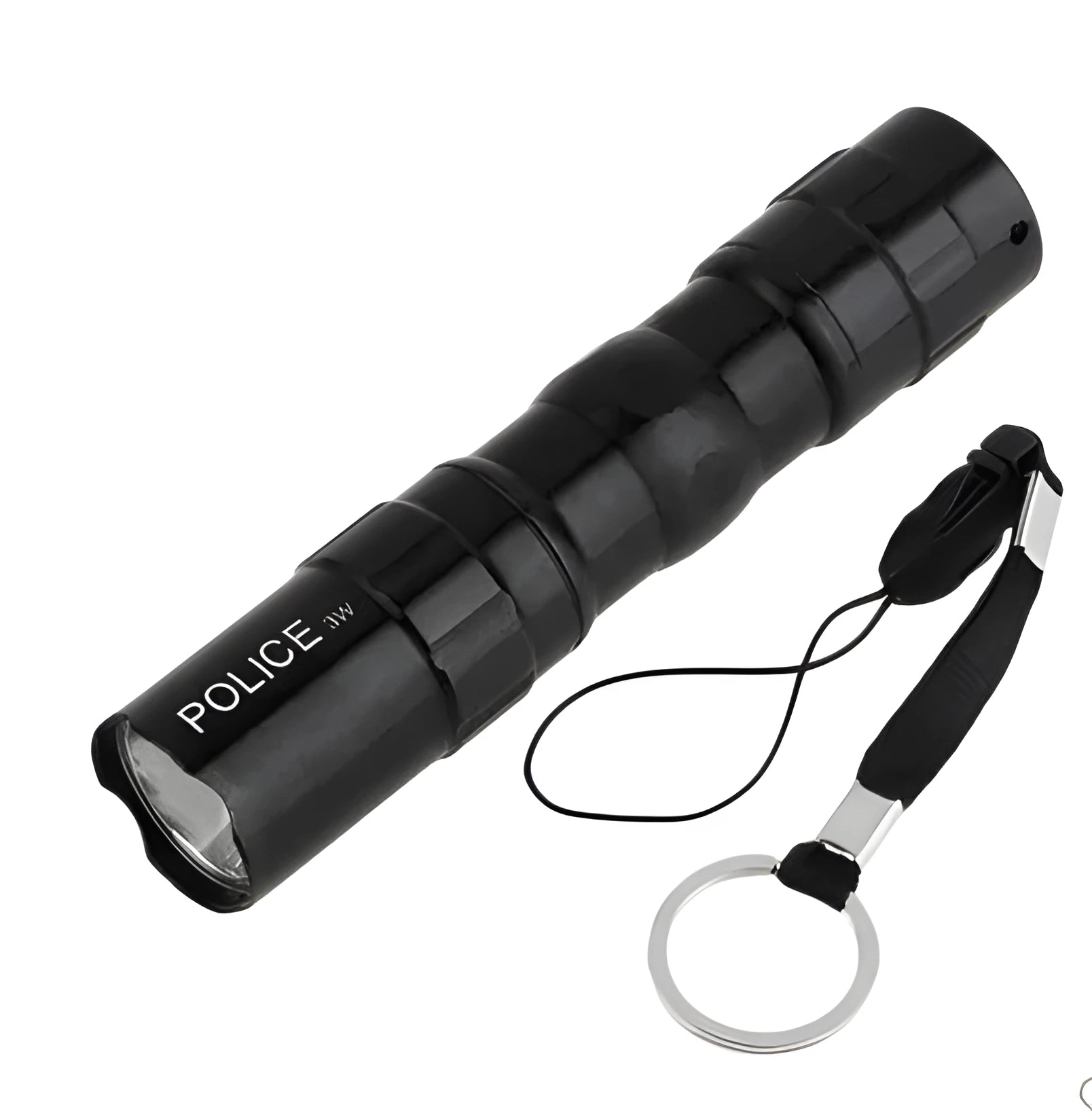 Black aluminium mini LED flashlight showing size next to a AA battery for scale.