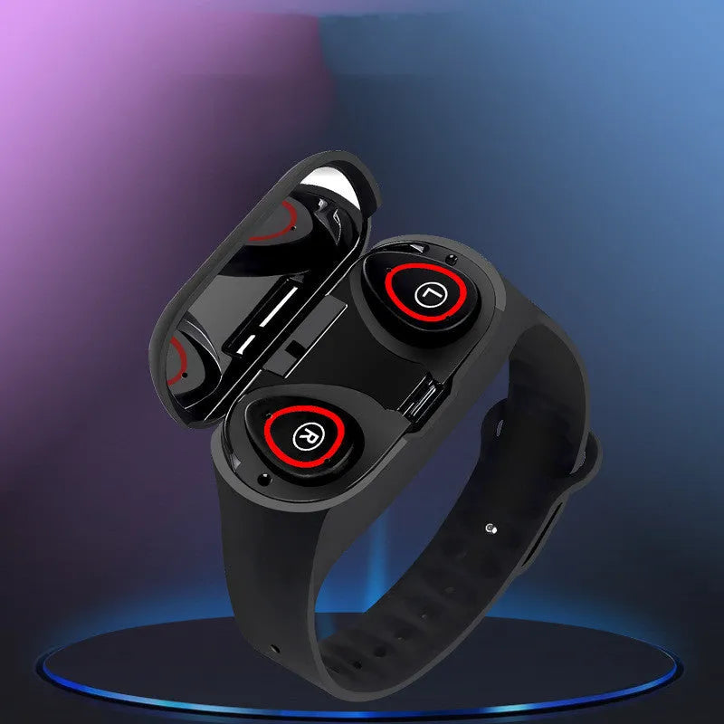 Blue silicone smart bracelet with 1-inch touch screen display and integrated earphones