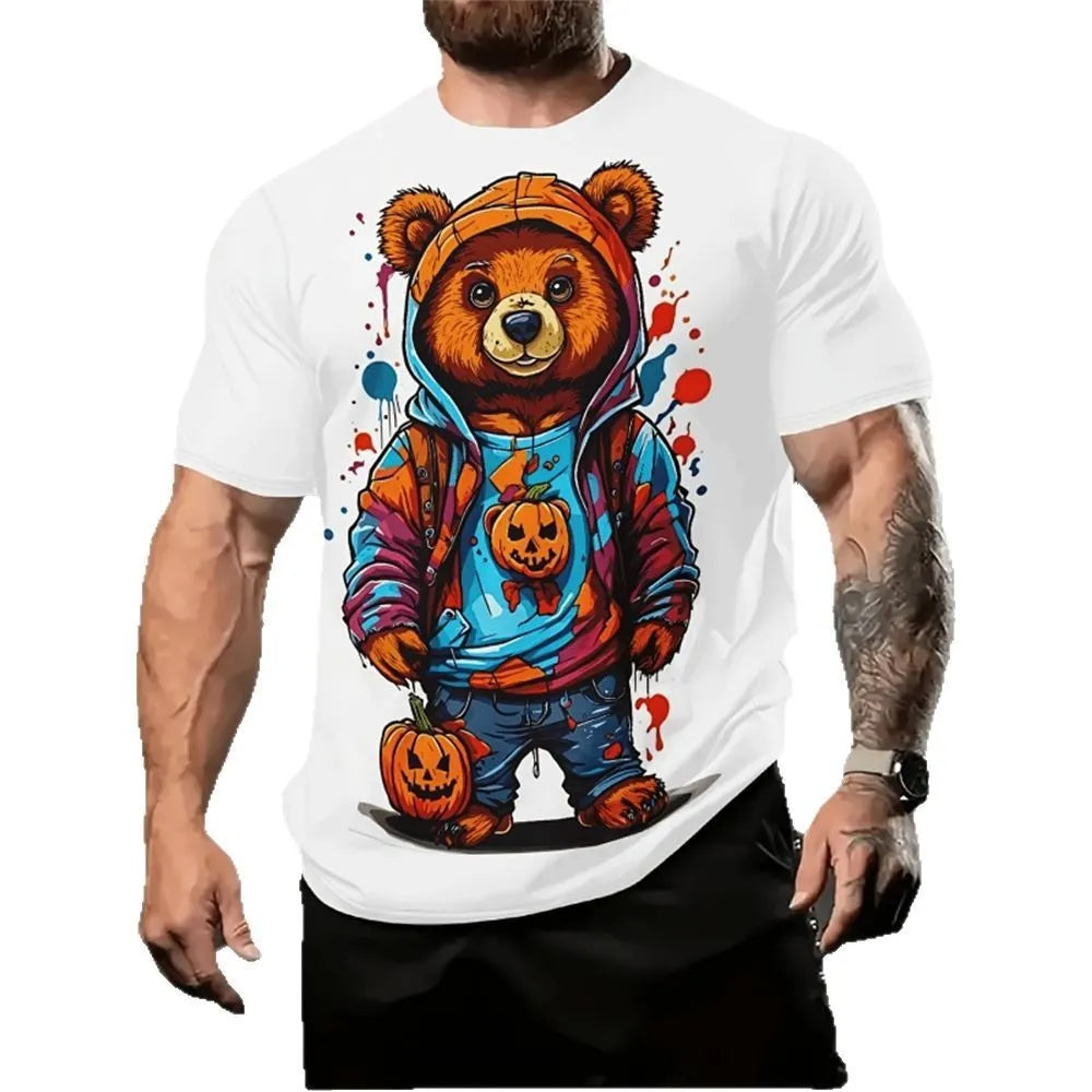 Men's loose fit grey t-shirt with a large colourful 3D cartoon character print on the front.
