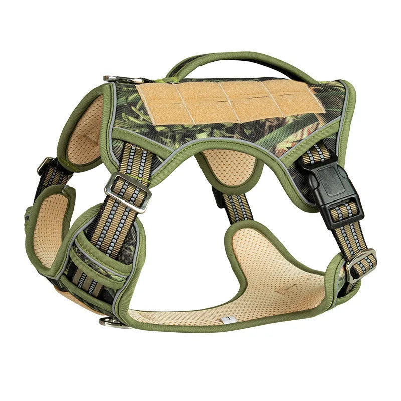 Tactical working dog chest strap in Oxford cloth, available in colours like yellow camo and forest camouflage, size options M L XL
