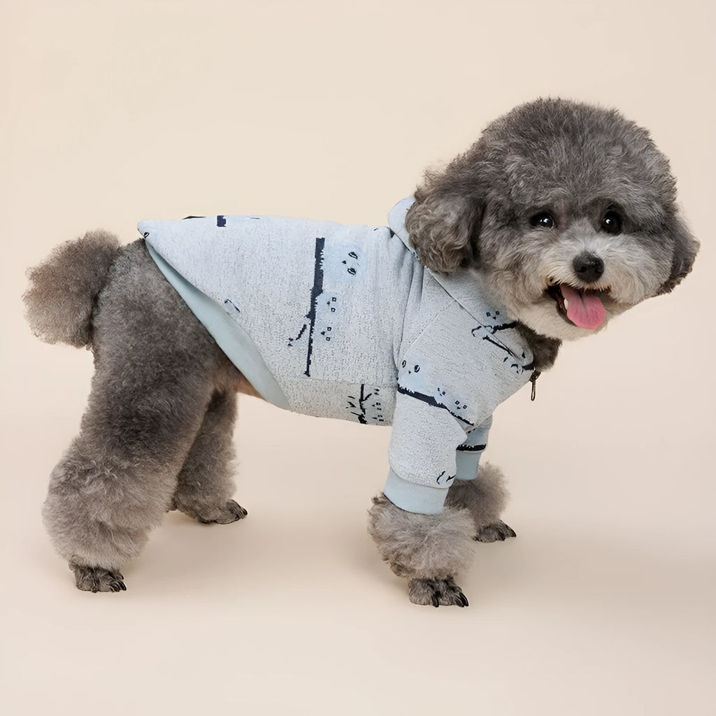 Blue cotton dog pattern sweater zipper coat on a small dog lying down