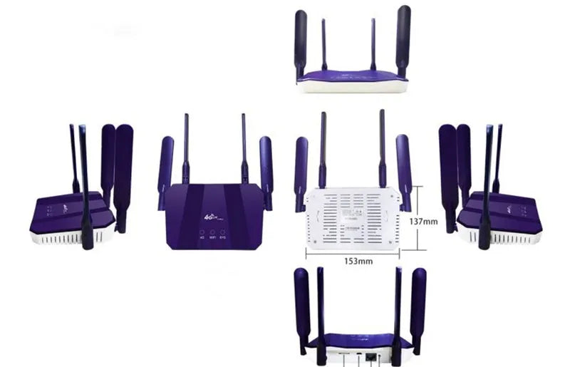 Blue 4G dual-mode wireless wired router with four external antennas.