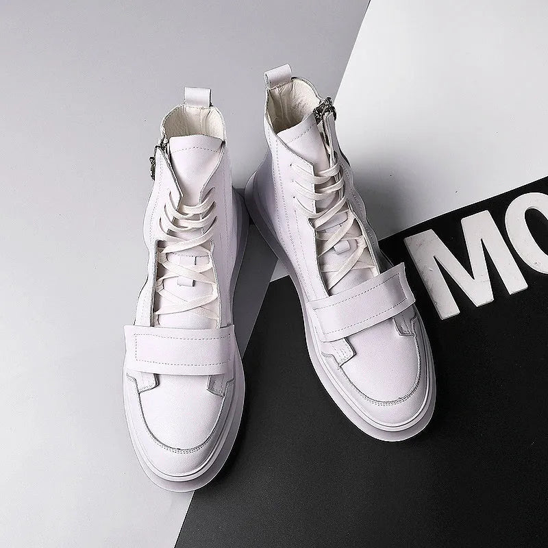 PU leather men's winter ankle boots in black and white colours with high-top sneakers style