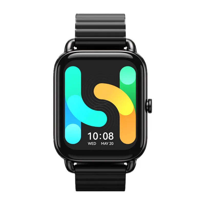 HAYLOU RS4 Plus black smartwatch on wrist showing fitness stats on AMOLED screen