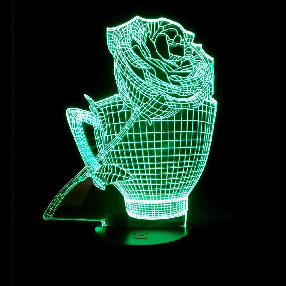 3D rose design acrylic LED night light with remote control on a black ABS base