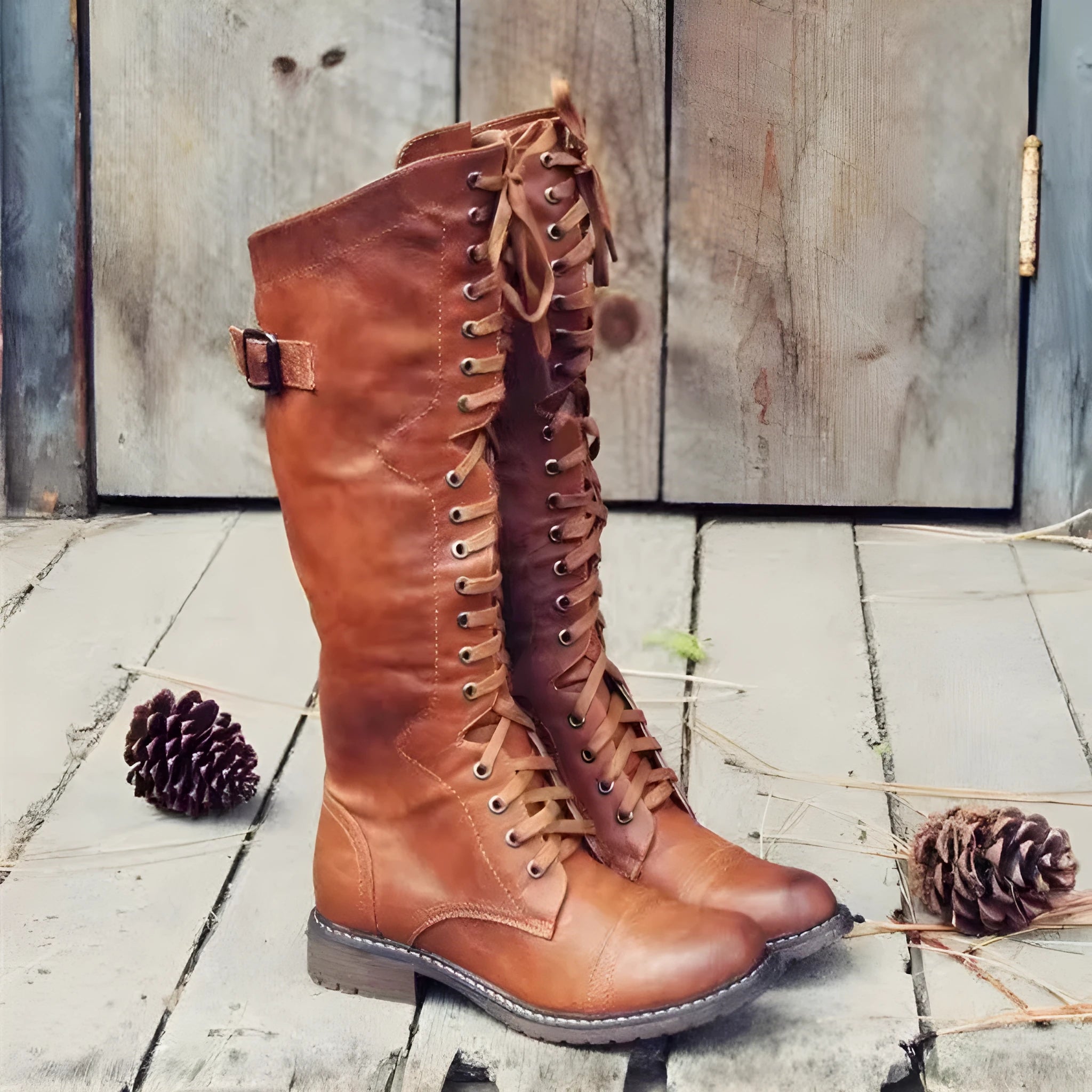 Women's black chunky heel high-leg casual boots with a round toe and rubber sole.