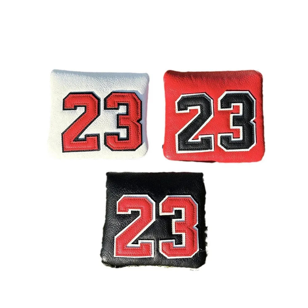 Set of PU golf club head covers in various colours including red, black, white, and yellow sleeves for woods and a square putter